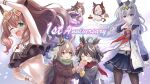  6+girls ahoge animal_ears armpits bag bare_shoulders big_belly bikini black_bikini black_coat black_hair black_pantyhose blue_eyes blue_sailor_collar blue_skirt blush bow braid braided_hair_rings breasts breath brooch brown-tinted_eyewear brown_coat brown_eyes brown_hair carrot_hamburger_steak cleavage closed_eyes closed_mouth coat commentary_request crepe donut double-parted_bangs ear_bow ear_ornament ear_ribbon eyewear_on_head fat food green_eyes green_scarf grey_hair grey_tail hair_between_eyes hair_rings hairband half_up_braid heart heart-shaped_eyewear highres holding holding_crepe holding_food holding_swim_ring horse_ears horse_girl horse_tail jacket jewelry kitasan_black_(umamusume) large_breasts long_hair long_sleeves looking_at_viewer maruzensky_(hot_summer_night)_(umamusume) maruzensky_(umamusume) midriff multicolored_hair multiple_girls navel neckerchief necocafe_lili official_alternate_costume oguri_cap_(starlight_beat)_(umamusume) oguri_cap_(umamusume) one-piece_swimsuit one_eye_closed open_mouth orange-tinted_eyewear pantyhose plate pleated_skirt purple_eyes purple_one-piece_swimsuit red_neckerchief red_scarf ruffle_bikini sailor_collar satono_diamond_(umamusume) scarf school_bag school_uniform shirt short_hair short_sleeves skirt small_breasts smile special_week_(umamusume) star_brooch stomach streaked_hair sunglasses sweep_tosho_(umamusume) swim_ring swimsuit tail tinted_eyewear tracen_school_uniform twintails two-tone_hair umamusume very_long_hair white-framed_eyewear white_hair white_jacket white_shirt winter_clothes winter_coat 
