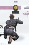  1boy ass ass_focus black_jacket black_necktie black_suit brown_hair business_suit feet foot_focus formal_clothes goddess_of_victory:_nikke grey_suit gun hanson_(nikke) highres holding holding_gun holding_weapon jacket junwen_lululu male_focus meme necktie nikke's_shooting_pose_(meme) pant_suit pants purple_eyes shirt suit suit_pants weapon 