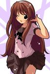  arm_behind_back black_eyes black_skirt blush_stickers brown_hair cowboy_shot eyebrows_visible_through_hair hairband kantoku kimi_to_boku_no_kowareta_sekai long_hair one_eye_closed open_mouth pleated_skirt school_uniform short_sleeves skirt solo very_long_hair yorutsuki_(nishio_ishin) 