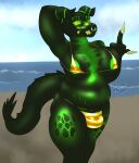  2026 2_horns absurd_res animal_genitalia anthro areola areola_slip artist_name balls beach belly big_balls big_belly big_breasts big_butt bikini black_body blush bonebees breast_squish breasts bulge butt chain claws clothing deathclaw digital_drawing_(artwork) digital_media_(artwork) eyelashes facial_piercing fallout fupa genitals gesture glowing glowing_body glowing_deathclaw glowing_eyes glowing_nipples glowing_scales glowing_stretch_marks gold_(metal) gold_bikini gold_chain golden_week green_eyelashes green_eyes gynomorph hand_gesture hi_res horn huge_balls huge_breasts intersex microsoft middle_finger navel nipples nose_piercing nose_ring overweight overweight_anthro overweight_gynomorph overweight_intersex piercing raised_arm raya_(bonebees) ring_piercing scales scalie sea sharp_teeth sheath solo spiked_tail spikes spikes_(anatomy) squish swimwear tail teeth text thick_thighs two-piece_swimsuit water 