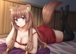  1girl animal_ear_fluff animal_ears bangs bare_arms bare_shoulders bed_sheet black_legwear blunt_bangs blush breasts brown_hair cleavage closed_mouth collarbone commentary dress eyebrows_visible_through_hair head_tilt highres kazenokaze legs_up long_hair lying medium_breasts no_shoes on_stomach pillow purple_eyes raccoon_ears raccoon_girl raccoon_tail raphtalia red_dress sleeveless sleeveless_dress smile soles solo strap_slip tail tail_raised tate_no_yuusha_no_nariagari thighhighs 