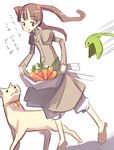  animal apron_basket artist_request bangs bird brown_eyes brown_hair carrot dog eyebrows_visible_through_hair long_sleeves original smile solo standing translated twintails 