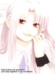  bow finger_in_mouth hair_bow head_tilt lavender_hair long_hair looking_at_viewer melty_blood neck_ribbon pointy_ears red_eyes ribbon solo tongue tongue_out tsukihime upper_body very_long_hair wemu_(ivycrown) white_len 
