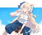  alternate_costume animal_ears blonde_hair blue_eyes blush breasts cleavage closed_mouth commentary_request gyaru highres horse_ears horse_girl horse_tail long_hair looking_at_viewer matty_(matsutomo) one_eye_closed signature sky small_breasts tail thighs umamusume v victoire_pisa_(umamusume) 