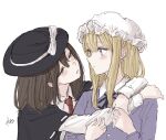  2girls arms_around_neck black_capelet black_hat black_ribbon blonde_hair blush bow brown_eyes brown_hair buttons capelet closed_mouth collared_dress collared_shirt contrast_collar dress hair_between_eyes hands_on_another's_arm hat hat_bow highres hug kashiwada_kiiho long_hair long_sleeves maribel_hearn medium_hair mob_cap multiple_girls neck_ribbon necktie open_mouth purple_dress purple_eyes red_necktie ribbon ribbon-trimmed_capelet ribbon_trim shirt sidelocks signature simple_background touhou usami_renko white_background white_bow white_hat white_shirt yuri 