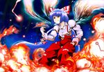  bangs blue_hair fire fujiwara_no_mokou hair_ribbon hand_in_pocket long_hair long_sleeves looking_up night pants red_eyes ribbon sato_(hekiga_ni_nemuru) shirt smile solo suspenders touhou tress_ribbon very_long_hair white_shirt 