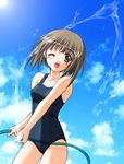  brown_hair cloud copyright_request day happy hose iwasaki_kouji one-piece_swimsuit one_eye_closed school_swimsuit short_hair sky smile solo swimsuit wet 
