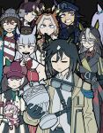  6+girls absurdres ahoge animal_ears asymmetrical_shirt beanie black_gloves black_hair blue_eyes blunt_bangs brown_eyes brown_hair coat dice dice_necklace dream_journey_(reminder_of_dreamland)_(umamusume) dream_journey_(umamusume) dress ear_covers ears_through_headwear eyewear_strap fenomeno_(black_flames_of_the_righteous_spirit)_(umamusume) fenomeno_(umamusume) flipped_hair frown glasses gloves goggles goggles_around_neck gold_ship_(red_strife)_(umamusume) gold_ship_(umamusume) grey_hair grey_hat hair_between_eyes hair_ornament hand_puppet hat highres holding holding_trophy horse_ears horse_girl horseshoe_print jacket jewelry long_hair long_sleeves lucky_lilac_(racing)_(umamusume) lucky_lilac_(umamusume) marche_lorraine_(racing)_(umamusume) marche_lorraine_(umamusume) mejiro_mcqueen_(umamusume) meme mismatched_ear_covers multicolored_hair multiple_girls nakayama_festa_(shichuukyuukatsu)_(umamusume) nakayama_festa_(umamusume) necklace orange_hair orfevre_(control)_(umamusume) orfevre_(umamusume) peaked_cap pillbox_hat puppet purple_eyes purple_hair red_dress shirt side_ponytail single_ear_cover sleeveless sleeveless_dress stay_gold_(sunlit_outsider)_(umamusume) stay_gold_(umamusume) stay_gold_clan_(umamusume) streaked_hair striped_hat tail trophy two-tone_hair umamusume viltrumite_group_shot_(meme) white_gloves white_hair white_shirt wrist_belt yadana324 yellow_coat 