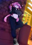 absurd_res accessory alcohol alley anthro bar beverage big_breasts black_bow_tie black_ribbon bow_tie breasts clothing dark_clothing eeveelution female fishnet_clothing footwear generation_6_pokemon hair_accessory hairclip hi_res kowarenairinku looking_at_viewer loose_pants nintendo pokemon pokemon_(species) shoes solo sylveon wine