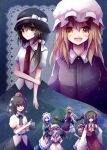  6+girls :d alternate_neckwear apron back_bow bat_wings belt black_belt black_bow black_bowtie black_hat black_shoes black_skirt black_vest blonde_hair blue_eyes blue_skirt blue_vest bow bowtie braid broom brown_eyes brown_hair buttons closed_mouth collared_dress collared_shirt commentary_request contrast_collar detached_sleeves dress frilled_bow frilled_dress frilled_hair_tubes frilled_shirt frills gap_(touhou) gohei green_bow green_bowtie hair_between_eyes hair_bow hair_tubes hakurei_reimu hand_on_own_arm hand_on_own_hip hat hat_bow hat_ribbon holding holding_broom holding_gohei holding_notebook holding_pen izayoi_sakuya kirisame_marisa long_hair long_sleeves maid_headdress maribel_hearn medium_hair mob_cap mountain multiple_girls necktie night notebook open_mouth own_hands_together pen pink_hat pink_shirt pink_skirt pom_pom_(clothes) puffy_short_sleeves puffy_sleeves purple_dress purple_tabard red_bow red_eyes red_hat red_necktie red_ribbon red_sash red_shirt red_skirt remilia_scarlet ribbon ribbon-trimmed_sleeves ribbon_trim sash sawara_kan shameimaru_aya shirt shoes short_sleeves single_braid sitting skirt sleeve_garter smile standing star_(sky) tabard textless_cover_page tokin_hat touhou usami_renko vest waist_apron white_apron white_bow white_dress white_hair white_hat white_headdress white_shirt white_sleeves wings yakumo_yukari yellow_bow yellow_bowtie yellow_eyes yin_yang yin_yang_print 