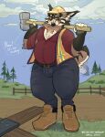  anthro belly belt boots bottomwear bulge clothed clothing cloud construction_worker detailed_background digitigrade eyewear felid feline fence flannel footwear fully_clothed glasses grass hammer hi_res hill holding_sledgehammer lynx male male_anthro mammal moobs outside pants plant shoes sinisterheaven sky sledgehammer solo standing tail tail_motion tailwag thick_thighs tight_bottomwear tight_clothing tight_pants tools topwear vest wearing_glasses wide_hips working 
