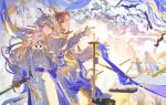  1boy 1girl absurdres aqua_eyes arknights bare_shoulders beads blonde_hair brown_hair chinese_commentary closed_mouth colored_extremities commentary_request dragon_girl dragon_horns floating_hair hair_between_eyes highres holding horns jacket jewelry ji_(arknights) light_rays light_smile long_hair long_sleeves mole mole_under_eye multicolored_hair necklace off_shoulder outstretched_arm parted_lips pointy_ears profile purple_hair shu_(arknights) strapless tongxi65938_(mo_zuoren) tube_top white_hair white_jacket white_tube_top yellow_eyes 