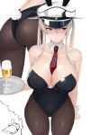  absurdres admiral_(kantai_collection) alcohol beer black_leotard blue_eyes breasts bunny_girl bunnysuit cleavage cup detached_collar drinking_glass graf_zeppelin_(kantai_collection) hair_between_eyes hat highres iron_cross kantai_collection large_breasts leotard maruya1006 military_hat multiple_views necktie pantyhose peaked_cap sidelocks strapless strapless_leotard tray twintails white_background white_hat wine_glass wrist_cuffs 