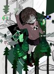  1girl black_socks braid brown_hair cigarette closed_eyes closed_mouth facing_viewer full_body highres long_hair long_sleeves madotsuki pink_sweater pleated_skirt print_sweater purple_skirt red_shoes shoes skirt socks solo standing sweater tree twin_braids vihua6 yume_nikki 