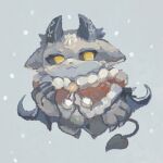  1other :3 ameiro_tamanegi animal_nose black_sclera chibikemo claws cloak closed_mouth colored_sclera commentary_request debidebi_debiru demon_horns demon_tail demon_wings facial_mark forehead_mark full_body fur-trimmed_cloak fur_trim grey_background grey_horns grey_tail grey_wings hand_up highres horns nijisanji no_pupils red_cloak snowing solo tail virtual_youtuber wings yellow_eyes 