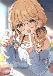  1girl bespectacled black_ribbon blonde_hair blush braid cake cake_slice collarbone commentary_request food fujita_kotone gakuen_idolmaster glasses hair_ribbon highres holding holding_spoon idolmaster jewelry long_hair long_sleeves nyorotono_(amafurashi) open_mouth plate ribbon smile solo spoon sweat twin_braids yellow_eyes 