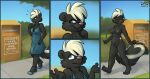  2023 anthro areola blackheart_(nanimoose) breasts casual_nudity clothing comic donation_box female fence fluffy fluffy_tail footwear genitals gesture hi_res high_heels mammal mephitid nanimoose nipples public public_nudity shoes shrug sidewalk skunk skunk_tail smile solo tail vulva 
