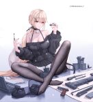  1girl alternate_costume assault_rifle bare_shoulders black_choker black_nails black_pantyhose black_sweater blonde_hair breasts bullet casual choker closed_mouth collarbone commentary crossed_legs english_commentary english_text full_body girls'_frontline girls'_frontline_2:_exilium groza_(girls'_frontline_2) gun hair_ornament hair_ribbon hairclip highres holding jewelry legs long_hair looking_down medium_breasts miniskirt nail_polish necklace off-shoulder_sweater off_shoulder on_floor ots-14_(girls'_frontline) pantyhose ponytail puffy_sleeves ribbon rifle simple_background sitting skirt slippers solo star_(symbol) star_necklace sweater very_long_hair weapon white_skirt yellow_eyes yuzuriha_(atelier_liang) 