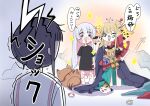  3girls absurdres aged_down black_shirt blonde_hair blue_eyes cho_kaguya-hime! closed_eyes colored_inner_hair commentary_request cosmetics cosplay facepaint fushi_(cho_kaguya-hime!) grey_hair hair_rings halterneck heart highres holding holding_lipstick_tube inudoge kaguya_(cho_kaguya-hime!) kasuga_yuu lipstick_tube long_hair long_shirt looking_at_another multicolored_eyes multicolored_hair multiple_girls open_mouth pink_hair purple_eyes runami_yachiyo runami_yachiyo_(cosplay) sakayori_iroha shirt short_sleeves stuffed_animal stuffed_toy translation_request v very_long_hair wide_sleeves 