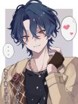  ... 1boy black_shirt blue_hair border brown_gloves chain chain_necklace commentary_request ensemble_stars! fingerless_gloves food-themed_brooch gloves grey_background hair_between_eyes hand_up heart highres jacket jewelry light_blush long_sleeves looking_at_viewer male_focus necklace orange_eyes outside_border parted_lips qi_(fish_s_1) raised_eyebrows shirt short_hair smile spoken_ellipsis spoken_heart tsuzura_chitose white_border yellow_jacket 
