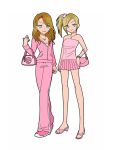  2girls bag blonde_hair commentary_request ezaki_bisuko fashion handbag high_heels highres jewelry long_hair mcbling multiple_girls necklace original pink_bag pink_shoes pink_skirt pink_track_suit pink_tube_top shoes side_ponytail simple_background skirt smile strapless track_suit tube_top white_background y2k_fashion 