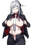  1girl absurdres ak-12_(girls'_frontline) ak-12_(lucia)_(girls'_frontline) black_jacket black_pants black_suit braid breasts business_suit buttoned_cuffs buttons chinese_commentary closed_eyes closed_mouth collared_shirt commentary_request cowboy_shot dress_shirt feet_out_of_frame formal_clothes girls'_frontline grey_hair hair_ribbon half_up_braid highres jacket lapels large_breasts long_hair long_sleeves musical_note navel necktie notched_lapels official_alternate_costume open_clothes open_jacket open_pants open_shirt pant_suit pants ponytail railys_ji red_shirt ribbon shirt side_braid sidelocks simple_background smile solo standing suit suit_jacket white_background white_necktie 