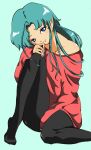  1boy aqua_background aqua_hair between_legs bishoujo_senshi_sailor_moon bishoujo_senshi_sailor_moon_supers black_pantyhose blue_eyes closed_mouth collarbone commentary_request convenient_hand curtained_hair fish_eye_(sailor_moon) foot_out_of_frame hand_between_own_legs hand_on_own_knee head_rest head_tilt highres invisible_floor knee_up long_hair long_sidelocks looking_at_viewer male_focus no_shoes pantyhose pink_nails pointy_ears red_sweater sidelocks simple_background single_off_shoulder sitting sleeves_past_wrists smile solo split_mouth sweater tiptoes trap yoko_(dora-5927) 