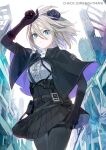  1girl black_capelet black_flower black_gloves black_pantyhose black_rose black_skirt blue_eyes capelet center_frills chaos_zero_nightmare closed_mouth commentary english_commentary flower frills gloves guest_art hair_flower hair_ornament highres looking_at_viewer official_art pantyhose pleated_skirt renoa_(chaos_zero_nightmare) rose rubble shirt short_hair skirt smile solo tokiwata_soul white_hair white_shirt 