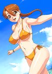  bikini braid breasts brown_eyes brown_hair cleavage cloud copyright_request day dutch_angle large_breasts nigou side-tie_bikini single_braid smile solo string_bikini swimsuit underboob 