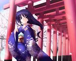  artist_request cherry_blossoms green_eyes japanese_clothes kimono long_hair long_sleeves multiple_torii obi original purple_hair purple_kimono sash solo torii 