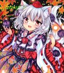  1girl alternate_costume animal_ear_fluff animal_ears autumn_leaves black_skirt blush commentary_request falling_leaves fang grey_hair hat inubashiri_momiji japanese_clothes kimono leaf leaf_print looking_at_viewer maple_leaf maple_leaf_print marker_(medium) medium_hair open_mouth pom_pom_(clothes) print_skirt red_eyes ribbon-trimmed_sleeves ribbon_trim rui_(sugar3) sample_watermark skin_fang skirt smile solo tail tokin_hat touhou traditional_media watermark white_kimono wolf_ears wolf_girl wolf_tail 