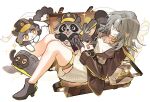  1girl absurdres alternate_costume animal animalization black_boots black_gloves boots brown_jacket chimera_(honkai:_star_rail) commentary_request dress full_body gloves grey_hair high_heel_boots high_heels highres holding holding_animal honkai:_star_rail honkai_(series) in_container jacket knees_up long_hair meat7955 multiple_persona parted_lips person_and_animalization rolling_suitcase scarf simple_background sitting solo stelle_(honkai:_star_rail) suitcase thigh_strap trailblazer_(baseball_raccoon)_(honkai:_star_rail) trailblazer_(honkai:_star_rail) trailblazer_(trailbirder)_(honkai:_star_rail) trailblazer_(trash_cake)_(honkai:_star_rail) white_background white_dress yellow_eyes yellow_scarf 