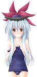  blush brown_eyes hat kamishirasawa_keine long_hair one-piece_swimsuit school_swimsuit simple_background solo swimsuit swimsuit_pull tateha_(marvelous_grace) tears touhou white_background white_hair 