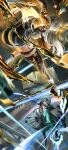  2girls absurdres animal_ear_fluff animal_ears aqua_jacket ass back black_hair black_necktie black_skirt breasts duel fighting fox_ears fox_girl fusobro gauntlets highres holding holding_sword holding_weapon hoshimi_miyabi jacket katana large_breasts long_hair multiple_girls necktie red_eyes shirt single_gauntlet skirt sword tailless_(zenless_zone_zero) thigh_strap thighhighs weapon white_hair white_shirt yellow_eyes yellow_jacket yixuan_(zenless_zone_zero) zenless_zone_zero 