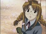  antenna_hair braid brown_eyes brown_hair glasses long_hair love_hina narusegawa_naru open_mouth petals screencap solo twin_braids upper_body 