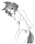  1girl animal_ears arms_behind_back bikini breasts closed_mouth cowboy_shot fake_phone_screenshot fake_screenshot front-tie_bikini_top front-tie_top greyscale hair_ornament herohero_(higashi_no_dou) highres horse_ears horse_girl horse_tail monochrome navel parted_bangs pink_eyes sakura_laurel_(umamusume) short_hair side-tie_bikini_bottom simple_background small_breasts smile solo spot_color swimsuit tail umamusume white_background 