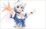  animal_ears blue_eyes border cat_ears collar open_mouth original outstretched_arms refeia simple_background solo spread_arms watch white_background white_hair wristwatch 