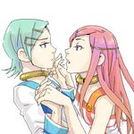  anemone_(eureka_seven) aqua_hair blue_eyes breast_press breasts collar dress eureka eureka_seven eureka_seven_(series) hair_ornament hairclip holding_hands interlocked_fingers koaki long_hair long_sleeves lowres multiple_girls oekaki pink_hair purple_eyes small_breasts symmetrical_docking yuri 