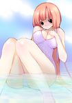  bare_shoulders barefoot blush breast_suppress breasts casual_one-piece_swimsuit cleavage green_eyes large_breasts long_hair looking_at_viewer one-piece_swimsuit orange_hair original partially_submerged saibashi sitting solo swimsuit very_long_hair water 