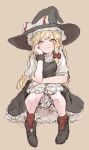  1girl apron black_dress blonde_hair blush boots braid closed_mouth commentary_request dress elbow_rest frilled_dress frills full_body hair_ribbon hand_on_own_face hand_rest hat hat_ribbon head_rest highres kirisame_marisa long_hair looking_at_viewer motsuni_(artist) red_socks ribbon ribbon_braid shirt simple_background single_braid single_wrist_cuff sitting socks solo touhou white_apron white_ribbon white_shirt witch_hat wrist_cuffs yellow_eyes 