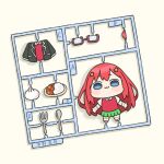  1girl :3 akino_ell black_jacket blazer blue_eyes blush_stickers chibi closed_mouth collared_shirt commentary_request curry curry_rice doll_joints food fork glasses go-toubun_no_hanayome grey_background hair_ornament jacket joints model_kit nakano_itsuki plate red-framed_eyewear red_hair rice semi-rimless_eyewear shirt simple_background solo spoon sprue star_(symbol) star_hair_ornament steamed_bun sweater_vest under-rim_eyewear white_shirt 