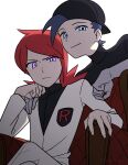  2boys alternate_eye_color armchair backwards_hat black_hair black_hat black_jacket blue_eyes chair chueog closed_mouth cowlick crossed_legs ethan_(pokemon) gloves grey_gloves hand_up hat head_rest highres jacket logo long_hair male_focus multiple_boys pants pokemon pokemon_heartgold_and_soulsilver purple_eyes red_hair short_hair silver_(pokemon) sitting smile team_rocket team_rocket_uniform white_jacket white_pants 
