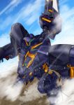  absurdres advance_of_zeta alternate_form beam_rifle clip_studio_paint_(medium) cloud cloudy_sky commentary_request derivative_work dutch_angle energy_gun flying glowing glowing_eyes gorudoran green_eyes gundam gundam_tr-1_hazel hazel_custom_gundam highres lens_flare mecha mecha_focus mobile_suit no_humans robot science_fiction shield sky thrusters titans_(gundam) v-fin weapon 
