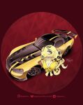absurd_res anthro car clothing dodge_(brand) dodge_viper female gadsden_flag hi_res high-angle_view markings pattern_background reptile scalie shirt simple_background snake snake_hood solo tank_top topwear typeera vehicle viper yellow_body