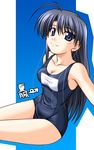  antenna_hair bangs black_hair blue_eyes blush breasts cleavage copyright_request long_hair medium_breasts musashiya_chougenbou one-piece_swimsuit school_swimsuit smile solo swimsuit 