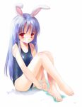  animal_ears bangs bare_arms bare_legs bare_shoulders barefoot blue_swimsuit bunny_ears closed_mouth eyebrows_visible_through_hair feet flat_chest lavender_hair long_hair looking_at_viewer one-piece_swimsuit purple_hair red_eyes reisen_udongein_inaba school_swimsuit simple_background sitting solo swimsuit touhou wet white_background yurikuta_tsukumi 