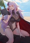  1girl azur_lane bangs beach blue_sky book breasts cape center_opening cleavage cloud cloudy_sky commentary english_commentary eyebrows_visible_through_hair flower fur_trim graf_zeppelin_(azur_lane) hair_between_eyes hair_flower hair_ornament highres holding holding_book large_breasts long_hair navel ocean one-piece_swimsuit open_mouth outdoors palm_tree pink_lips red_eyes signature silver_hair sky solo swimsuit tree wristband zawijawa 