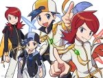  2boys arm_up backwards_hat black_hair black_hat black_jacket chueog closed_mouth cowlick ethan_(arc_suit)_(pokemon) ethan_(pokemon) gem glowing_gem green_gem grin hand_on_own_hip hat highres jacket long_hair male_focus multiple_boys multiple_views official_alternate_color official_alternate_costume pants pointing pokemon pokemon_masters_ex red_hair short_hair silver_(arc_suit)_(pokemon) silver_(pokemon) smile teeth white_background white_jacket white_pants 