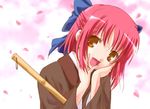  artist_request bamboo_broom bow broom cherry_blossoms hair_bow half_updo japanese_clothes kimono kohaku long_sleeves pink_hair ribbon short_hair smile solo tsukihime 