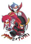  1boy 1girl animal animal_between_breasts between_breasts bikini black_bikini blue_hair breasts brown_eyes cape cleavage closed_mouth commentary_request copyright_name cropped_torso crossed_arms flame_print gurren-lagann hair_ornament humanoid_robot joints kamina_(ttgl) kamina_shades large_breasts long_sleeves mecha mechanization medarot medarot_s mole_(animal) multicolored_bikini no_mouth orange-tinted_eyewear ponytail print_bikini red-framed_eyewear red_bikini red_cape red_hair robot robot_boy robot_girl robot_joints short_hair signature simple_background skull_hair_ornament sunglasses swimsuit tinted_eyewear two-tone_bikini tyuga white_background yellow_eyes yoko_littner 